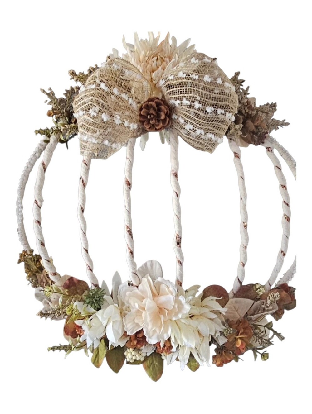 Handmade Farmhouse Fall Pumpkin Wreath Cream Burlap & Pearl Accent Decor